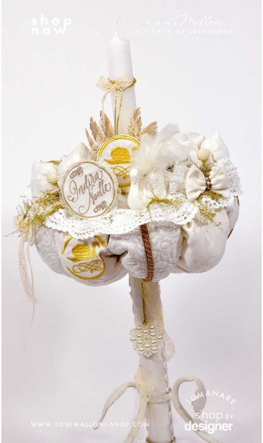 Lumanare botez cu lebede brodate si dantela alba Gold Swan 2